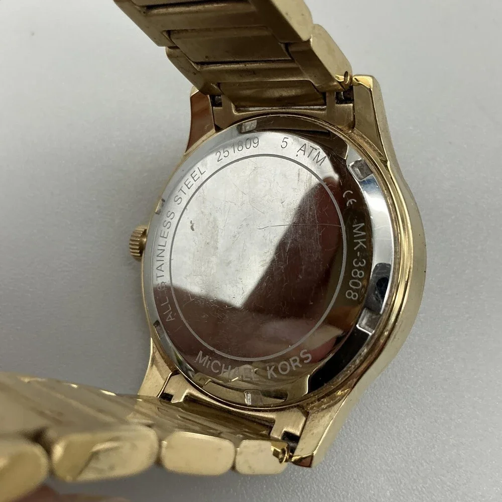 Michael Kors Bailey Womens Watch 38mm Gold Tone Crystal MK-3808 New Battery 6.5